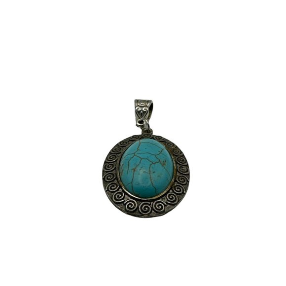 Turquoise and Silver Oval Cabochon Pendant Fashion 1.5 inch - Picture 2 of 5